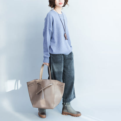 Lavender Thick Warm Woolen Knit Pullover Neck Front Button Loose Batwing Sleeve Sweater