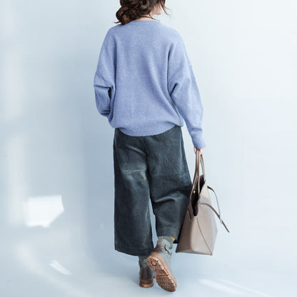 Lavender Thick Warm Woolen Knit Pullover Neck Front Button Loose Batwing Sleeve Sweater
