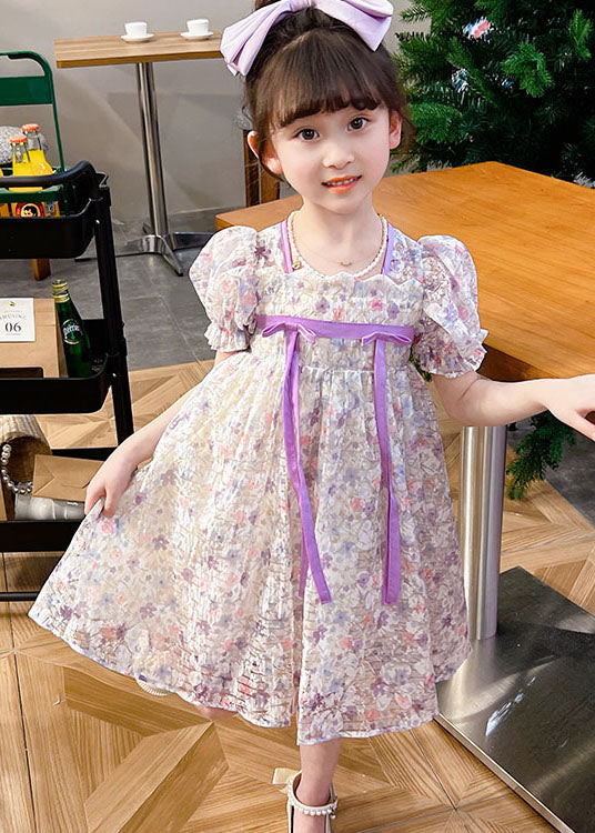 Light Purple Print Patchwork Tulle Baby Dress Wrinkled Summer
