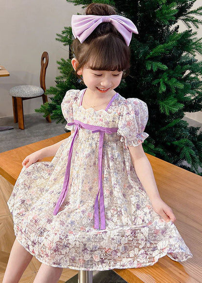 Light Purple Print Patchwork Tulle Baby Dress Wrinkled Summer