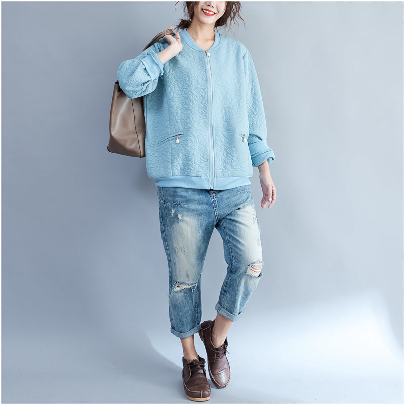 Light Blue Jacquard Loose Cotton Jackets Zippered Cardigans Outwear