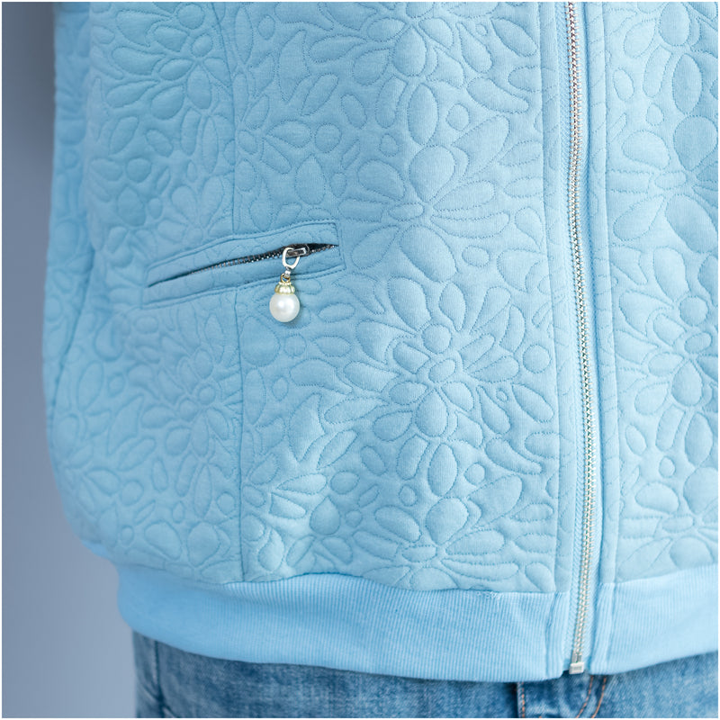 Light Blue Jacquard Loose Cotton Jackets Zippered Cardigans Outwear