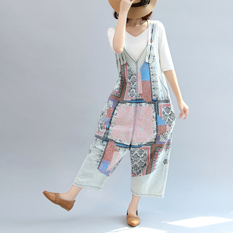 Light Denim Cotton Pants Patchwork Oversize Jumpsuit Pants