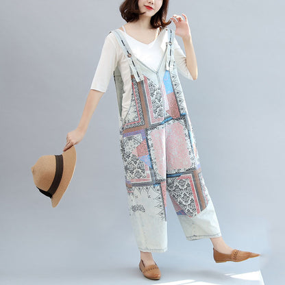 Light Denim Cotton Pants Patchwork Oversize Jumpsuit Pants