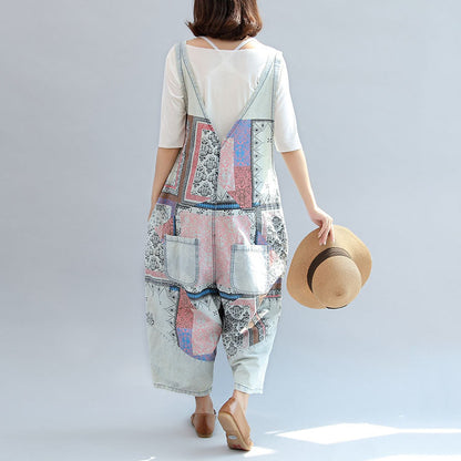 Light Denim Cotton Pants Patchwork Oversize Jumpsuit Pants