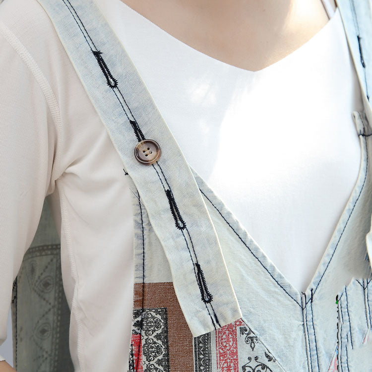 Light Denim Cotton Pants Patchwork Oversize Jumpsuit Pants