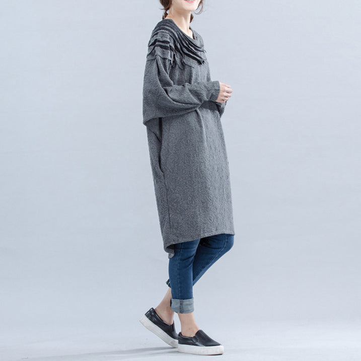 Light Gray Unique Cotton Dress Cinched Batwing Sleeve Dress