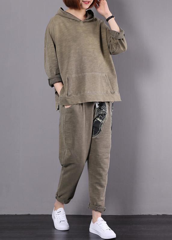 Light Green Cotton Loose Side Open Hooded Tops and Two Pieces