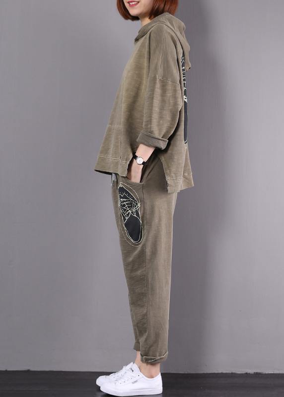 Light Green Cotton Loose Side Open Hooded Tops and Two Pieces