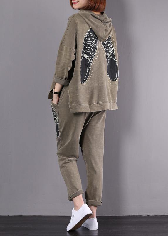 Light Green Cotton Loose Side Open Hooded Tops and Two Pieces