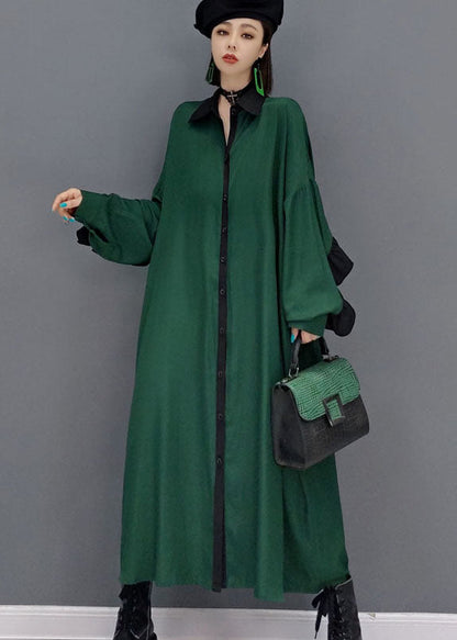 Loose Green Peter Pan Collar Patchwork Shirt Dress Spring