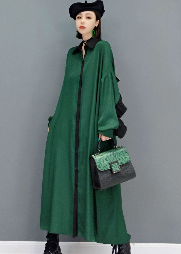 Loose Green Peter Pan Collar Patchwork Shirt Dress Spring