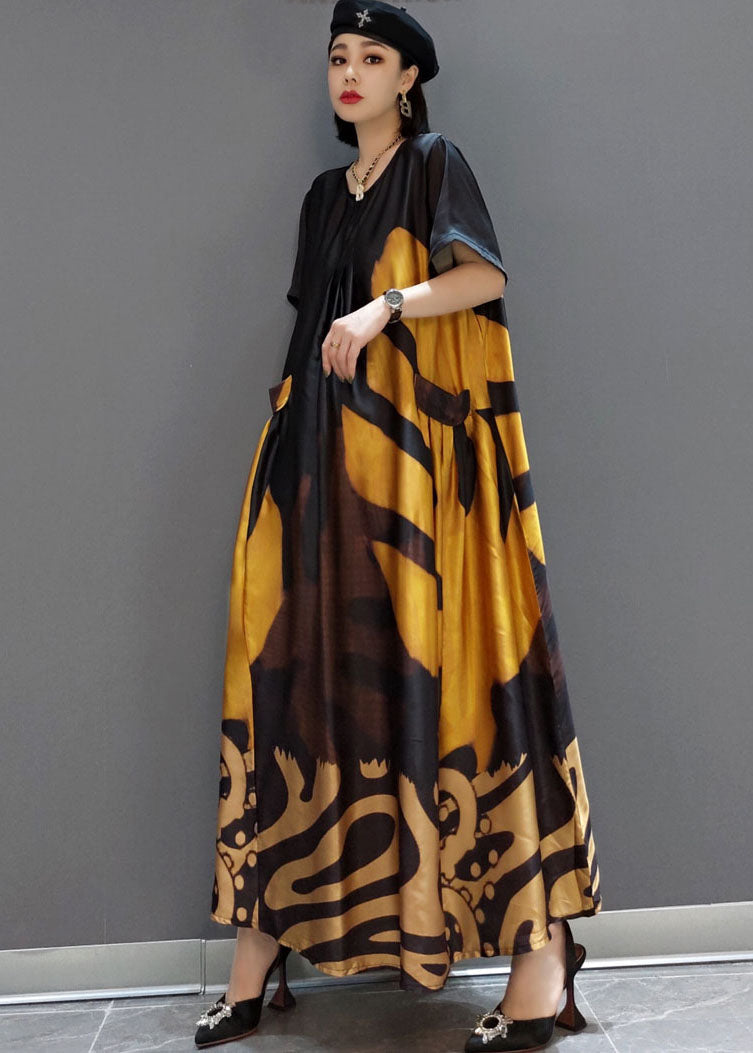 Loose Yellow O-neck Print Satin Maxi Dress Summer