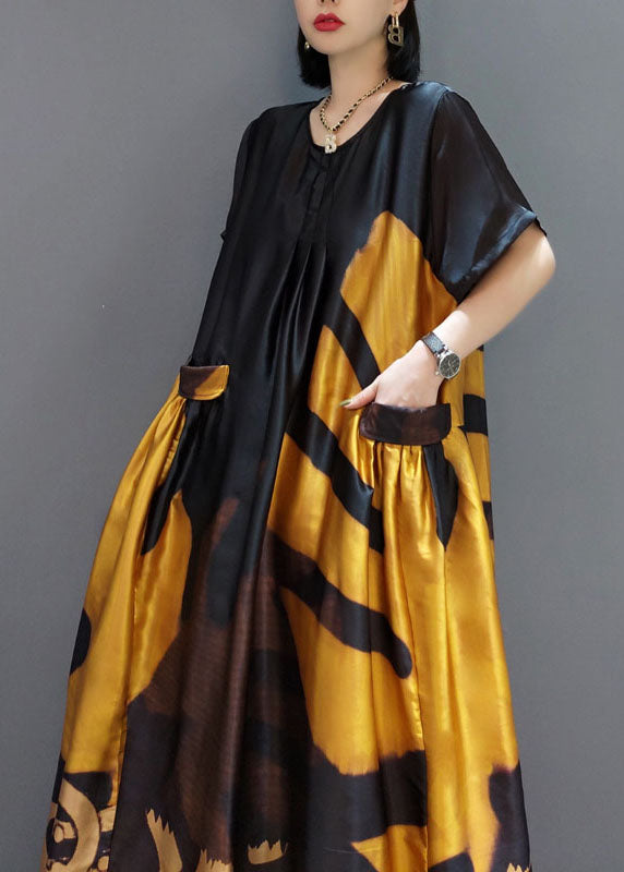Loose Yellow O-neck Print Satin Maxi Dress Summer