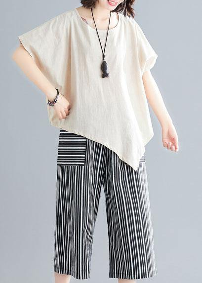Loose Two Pieces Asymmetric White T Shirts and Striped Pants