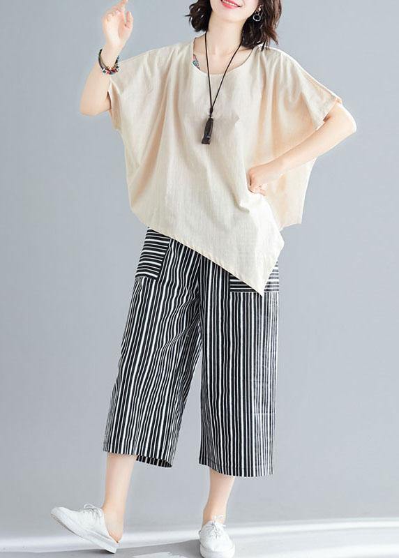 Loose Two Pieces Asymmetric White T Shirts and Striped Pants