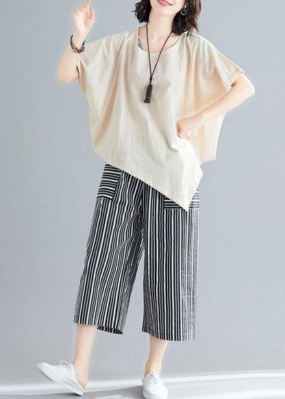 Loose Two Pieces Asymmetric White T Shirts and Striped Pants