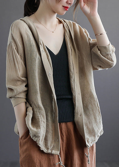 Khaki Hooded Button Drawstring Cotton Coat Fall