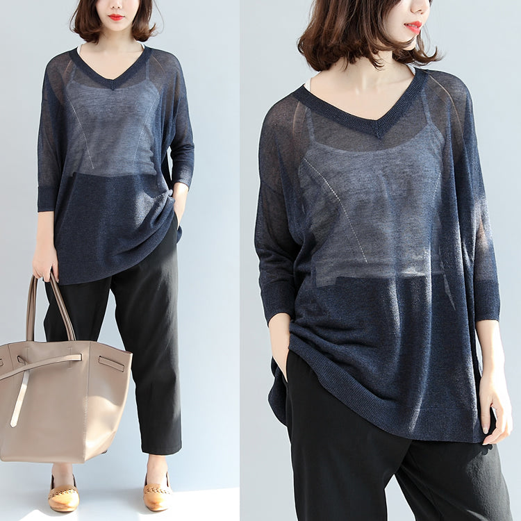 Navy Knitting Tops Pullover V Neck T Shirt