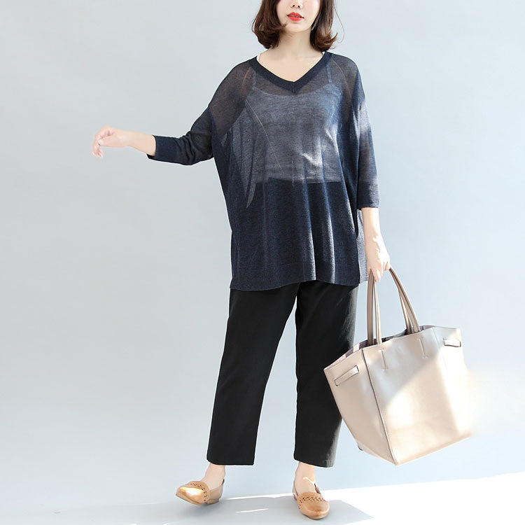 Navy Knitting Tops Pullover V Neck T Shirt