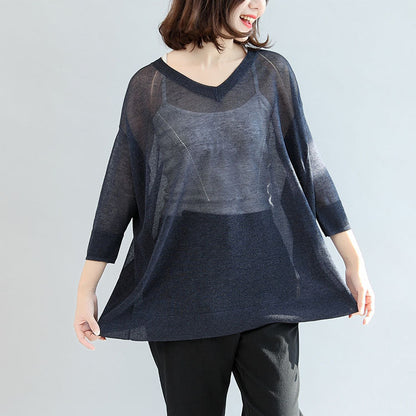 Navy Knitting Tops Pullover V Neck T Shirt