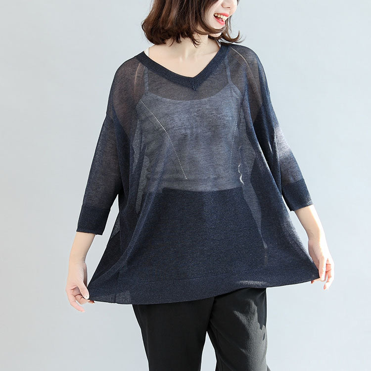 Navy Knitting Tops Pullover V Neck T Shirt