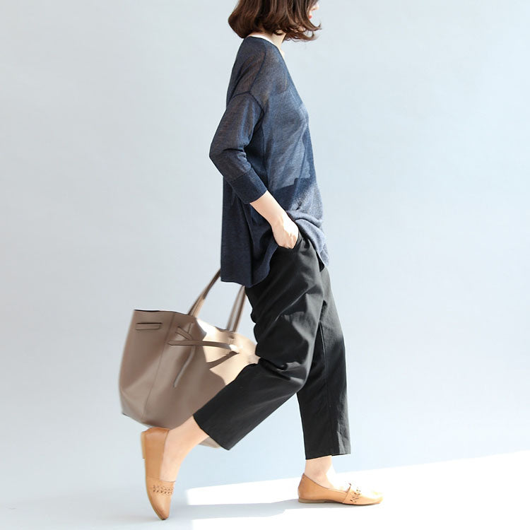 Navy Knitting Tops Pullover V Neck T Shirt