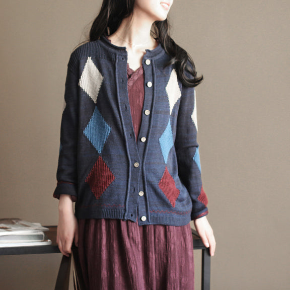 Navy Patchwork Woolen Knit Cardigans Loose Long Sleeve Sweater Outwear
