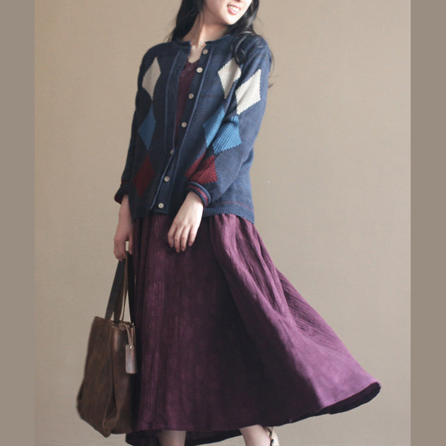 Navy Patchwork Woolen Knit Cardigans Loose Long Sleeve Sweater Outwear