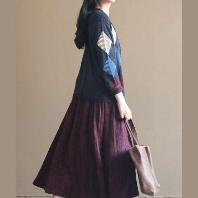 Navy Patchwork Woolen Knit Cardigans Loose Long Sleeve Sweater Outwear