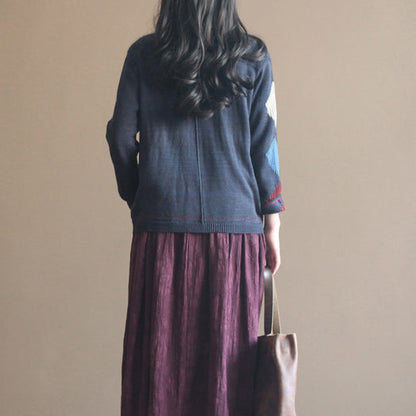 Navy Patchwork Woolen Knit Cardigans Loose Long Sleeve Sweater Outwear
