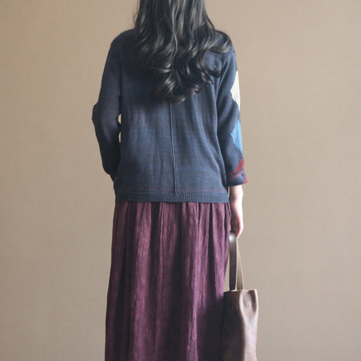 Navy Patchwork Woolen Knit Cardigans Loose Long Sleeve Sweater Outwear