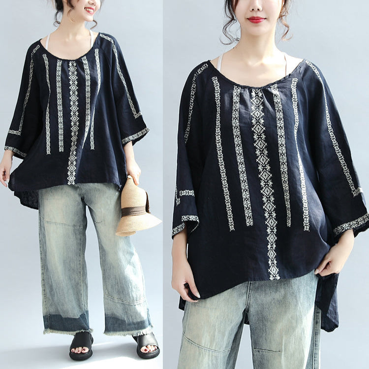 Navy Striped Linen Blouse Bracelet Sleeved Blouse