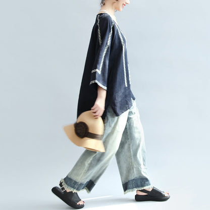 Navy Striped Linen Blouse Bracelet Sleeved Blouse