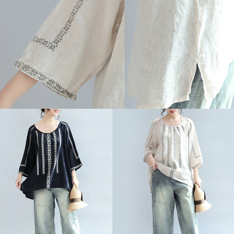 Navy Striped Linen Blouse Bracelet Sleeved Blouse
