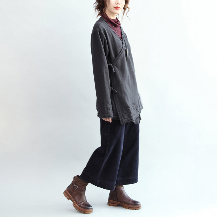 Navy Vitage Cotton Sweater Cardigans Hem Hollow Out Knit Coats