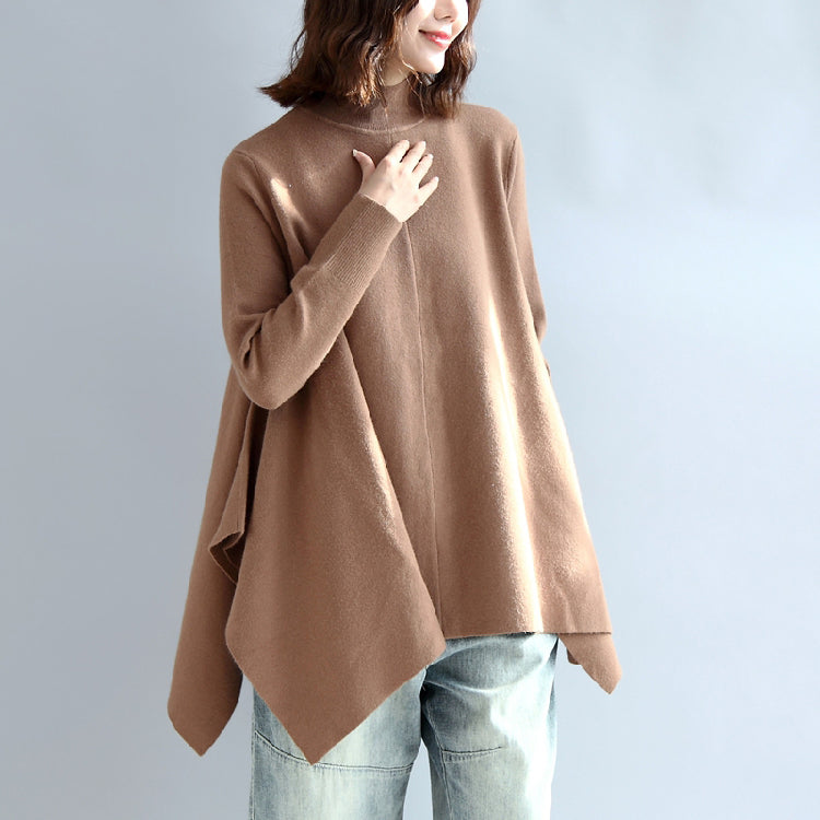 New Khaki Knit Tops Asymmetric Large Hem High Neck Sweaters