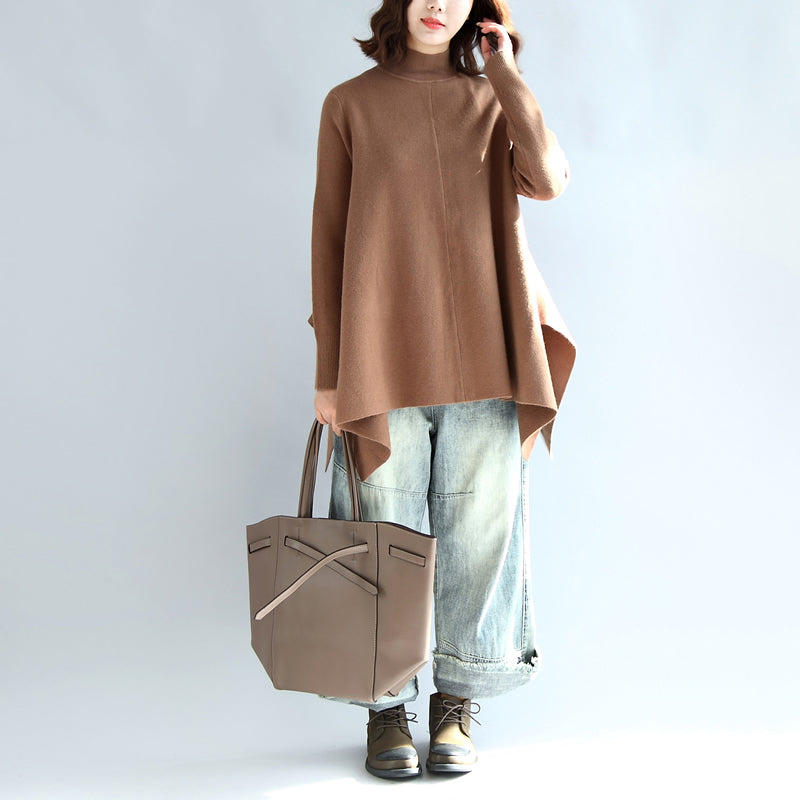 New Khaki Knit Tops Asymmetric Large Hem High Neck Sweaters