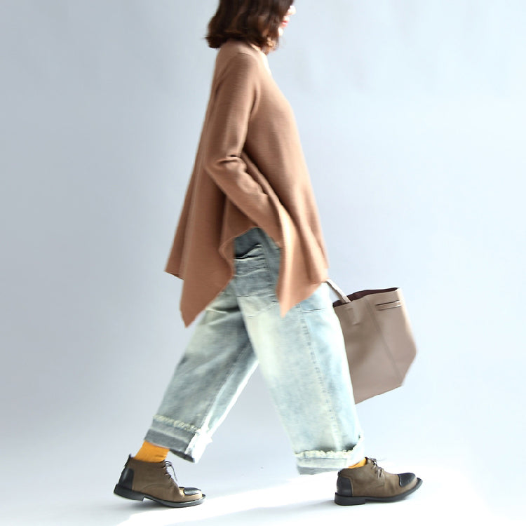 New Khaki Knit Tops Asymmetric Large Hem High Neck Sweaters