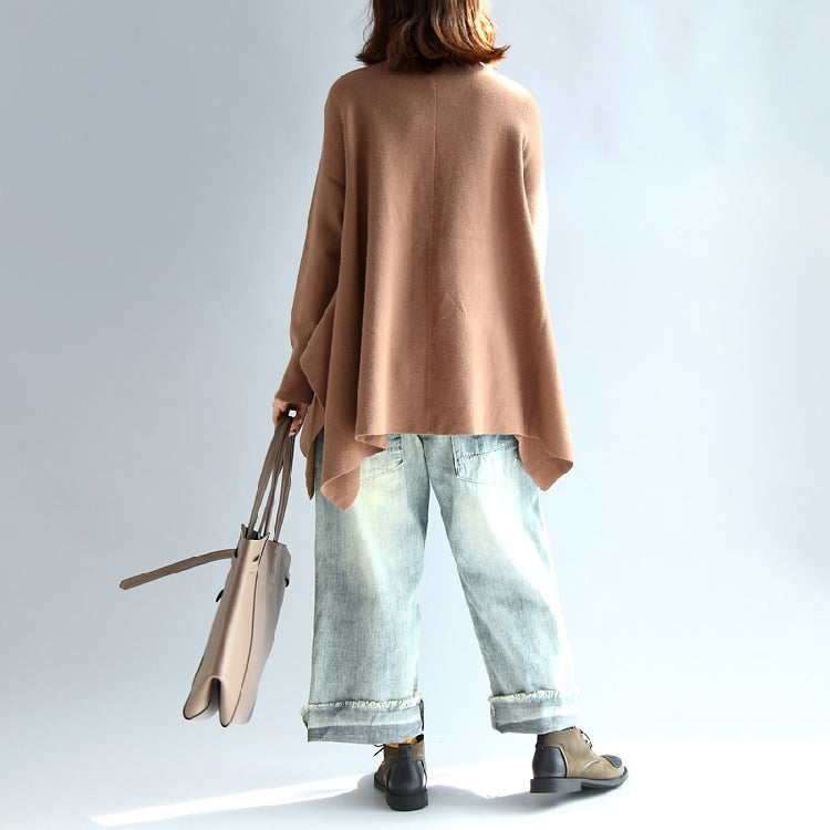New Khaki Knit Tops Asymmetric Large Hem High Neck Sweaters