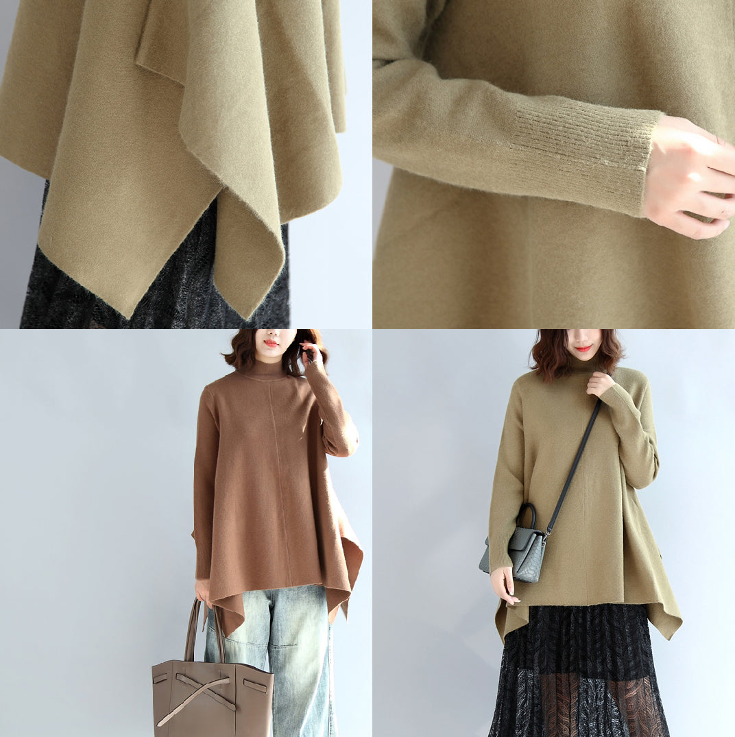 New Khaki Knit Tops Asymmetric Large Hem High Neck Sweaters