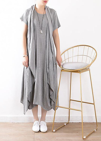 New Gray Linen Two Pieces Sleeveless Cardigans and O Neck Maxi Dress