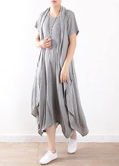 New Gray Linen Two Pieces Sleeveless Cardigans and O Neck Maxi Dress