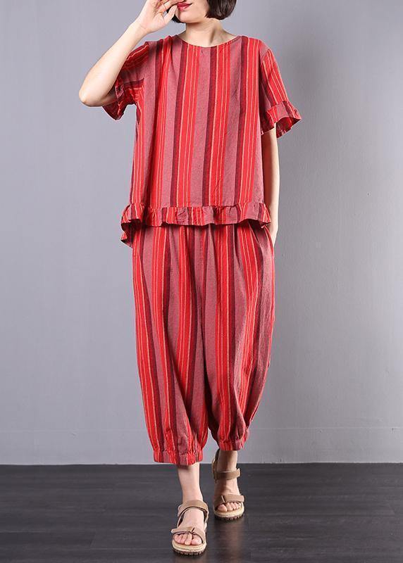 New Red Striped Two Pieces Red Ruffles Low High Design Tops and Elastic Waist Harem Pants