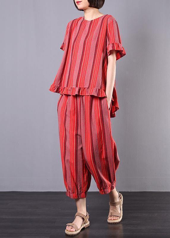 New Red Striped Two Pieces Red Ruffles Low High Design Tops and Elastic Waist Harem Pants