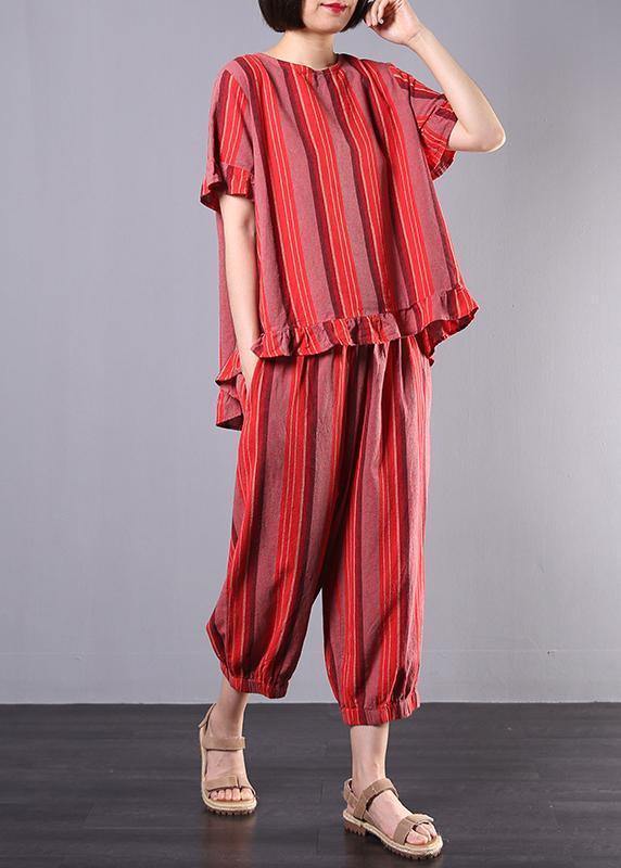 New Red Striped Two Pieces Red Ruffles Low High Design Tops and Elastic Waist Harem Pants
