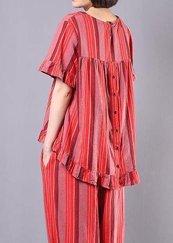 New Red Striped Two Pieces Red Ruffles Low High Design Tops and Elastic Waist Harem Pants