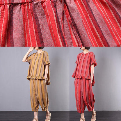 New Red Striped Two Pieces Red Ruffles Low High Design Tops and Elastic Waist Harem Pants