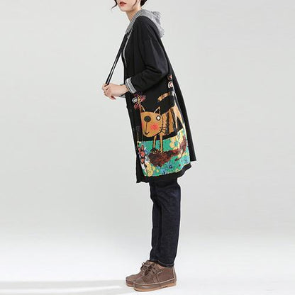 New Autumn Black Fit Cotton Coats Loose Hooded Cardigan Cartoon Print