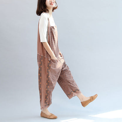 New Autumn Cotton Patchwork Prink Trousers Oversize Jumpsuit Pants